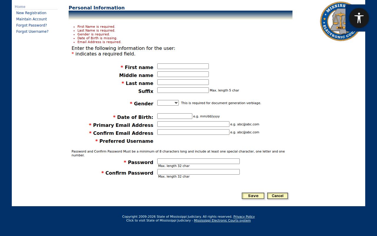 Madison County case lookup PAMEC personal registration fields
