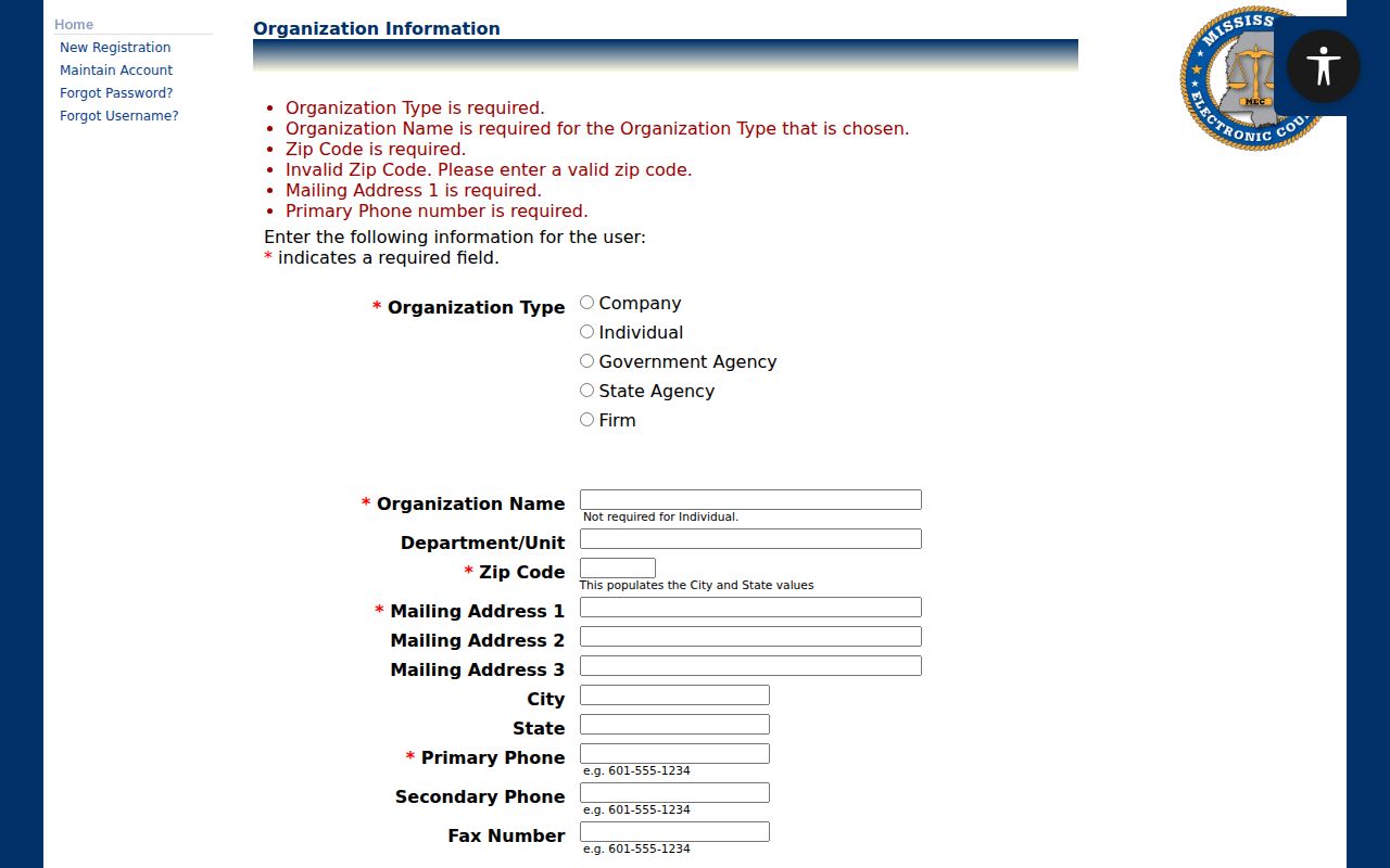 Madison County case lookup PAMEC organization registration fields