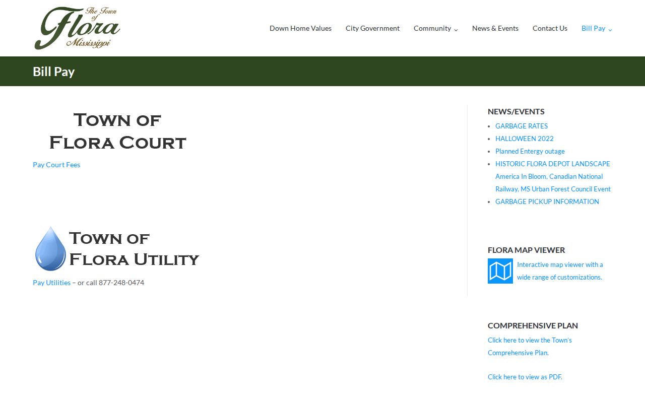 Flora court docket search court-fee payment route on the town bill-pay page