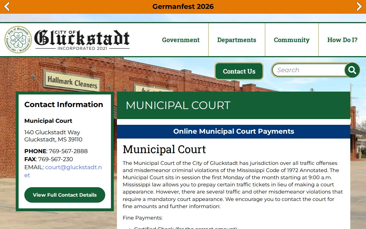 Gluckstadt court docket search information on the Municipal Court page