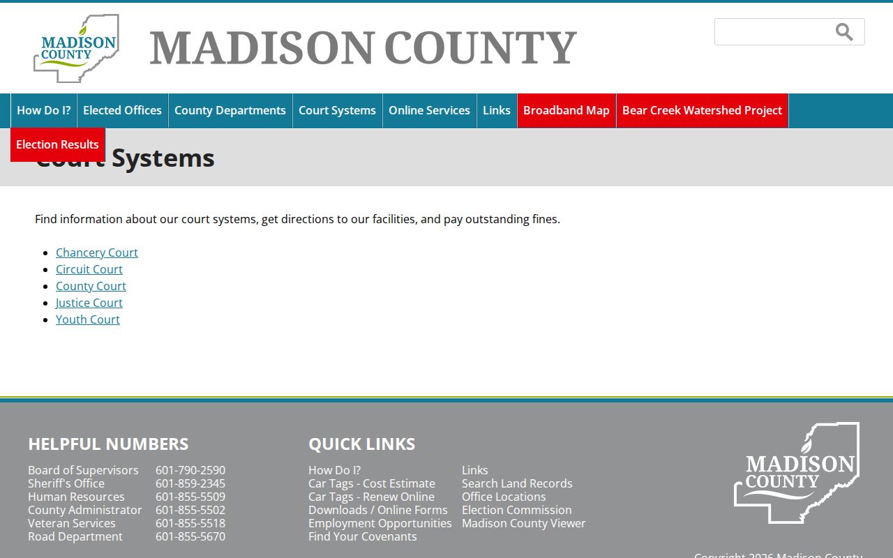 Madison County court systems page listing separate court docket routes